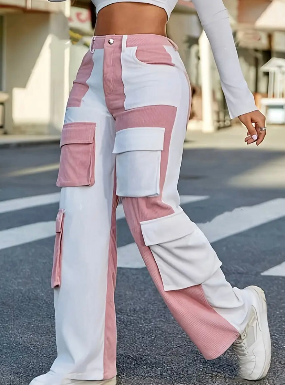 Pantaloni Cargo da Donna con Contrasto di Colori