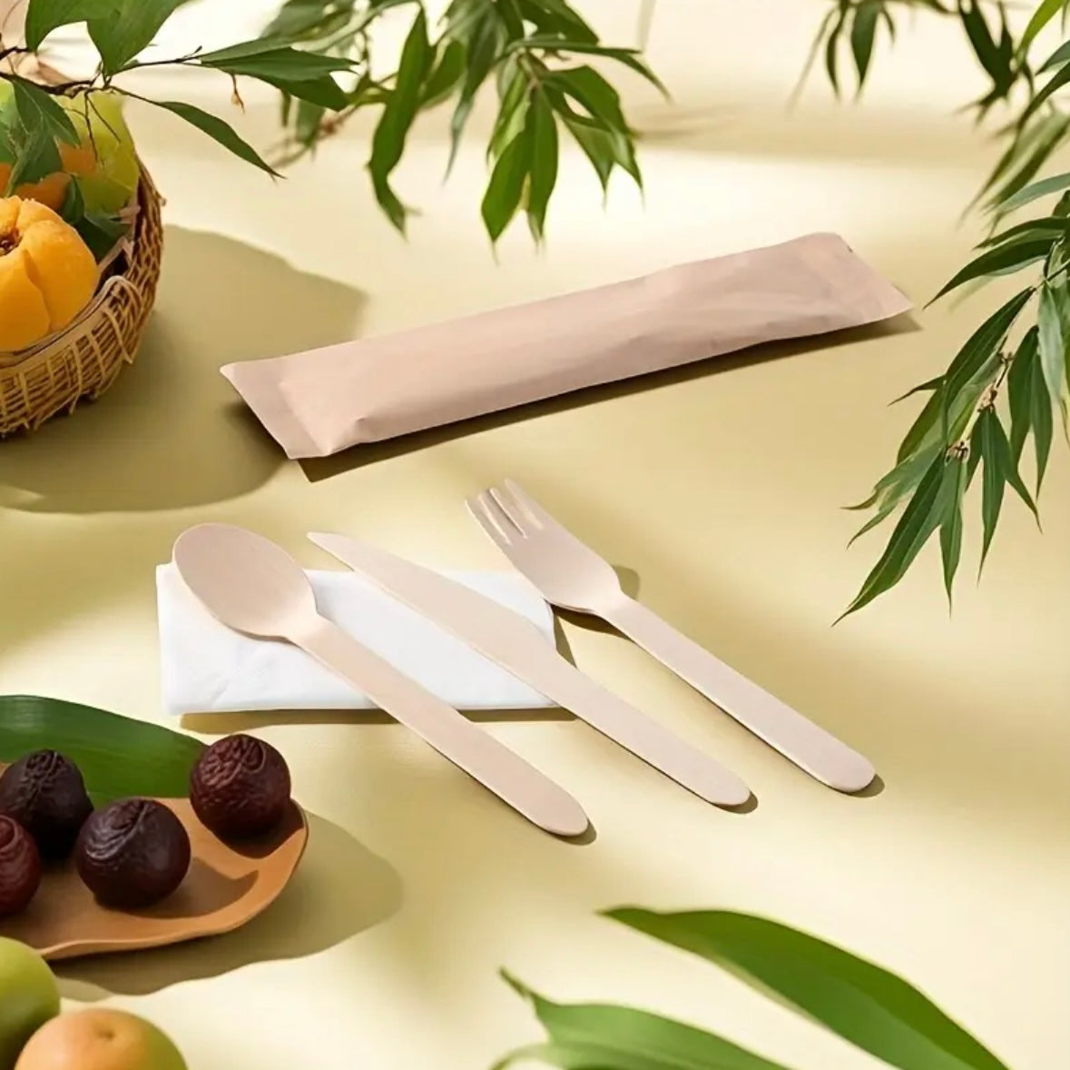 Set di Posate Monouso in Legno – 20/30 Pezzi da Viaggio con Tovaglioli