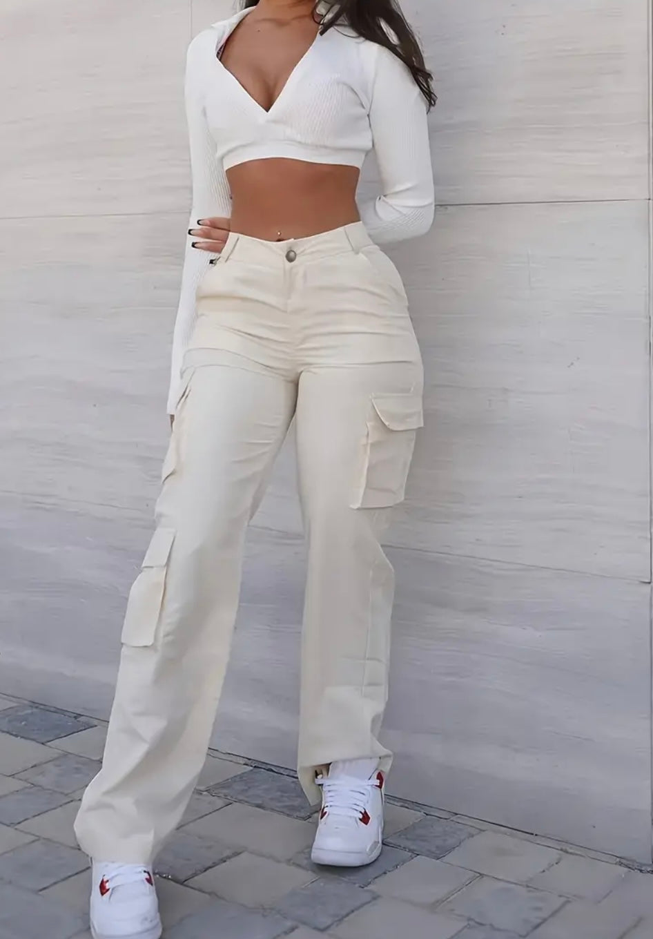 Pantaloni Cargo Donna a Vita Alta con Tasche a Patta