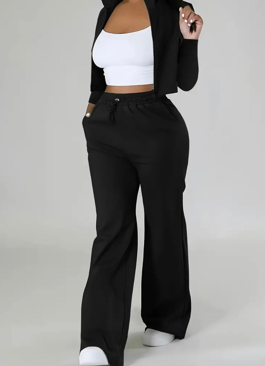 Completo Casual Donna a Due Pezzi – Top Corto con Zip e Pantaloni con Coulisse