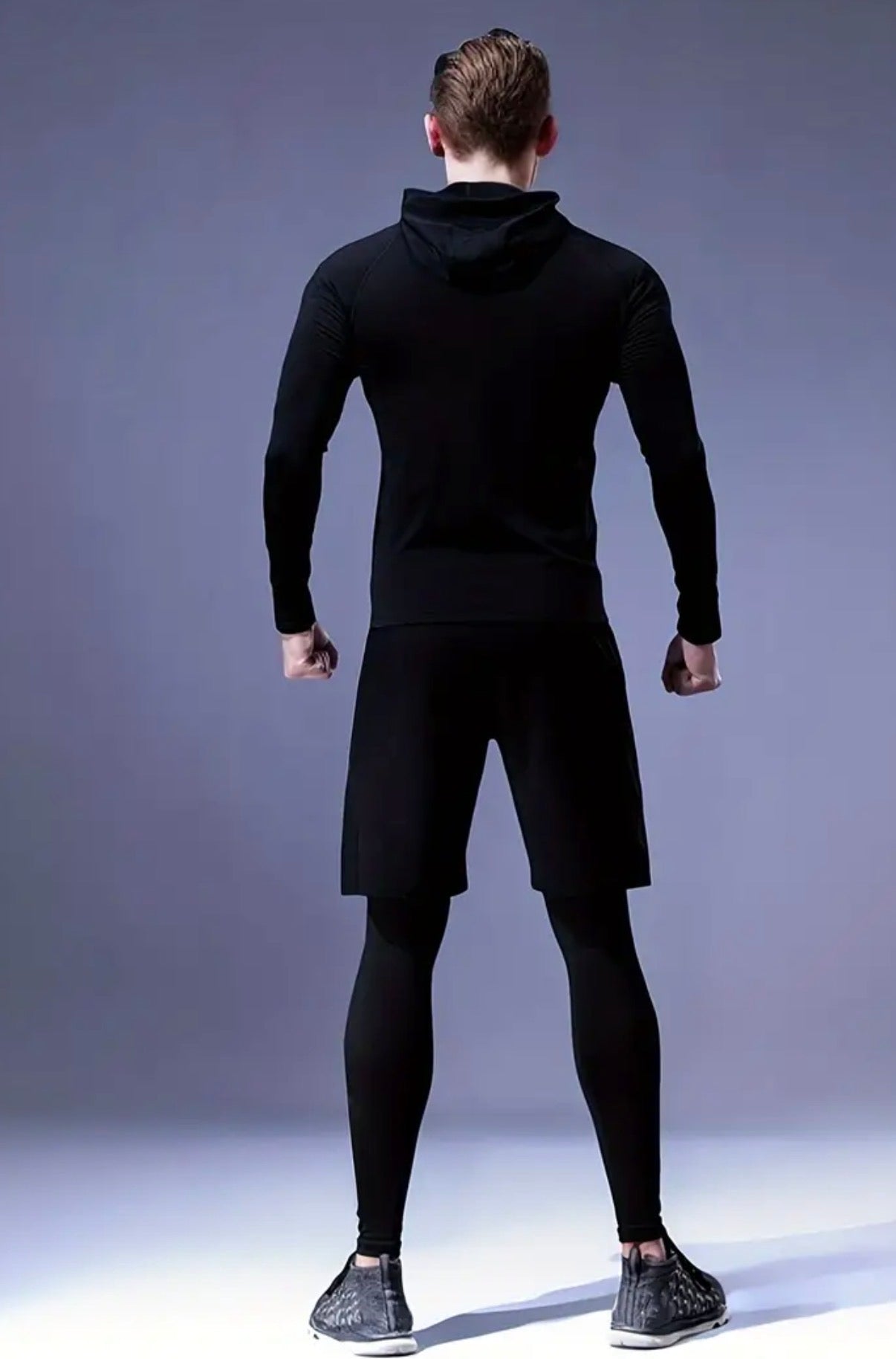 Set Atletico da Uomo 4 Pezzi - Miscela di Poliestere e Spandex, Giacca con Cappuccio e Tasche, Camicia a Maniche Lunghe