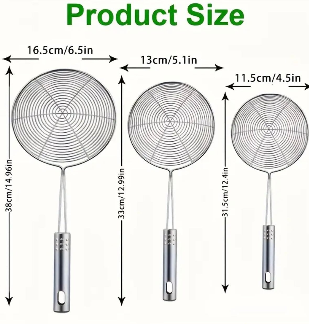 3 strainers in acciaio inossidabile con manico lungo