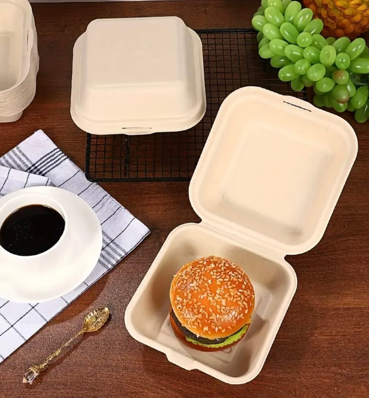 Set da 50/100 Contenitori Usa e Getta per Hamburger e Cibo da Asporto – Design a Scomparsa in Paglia di Grano
