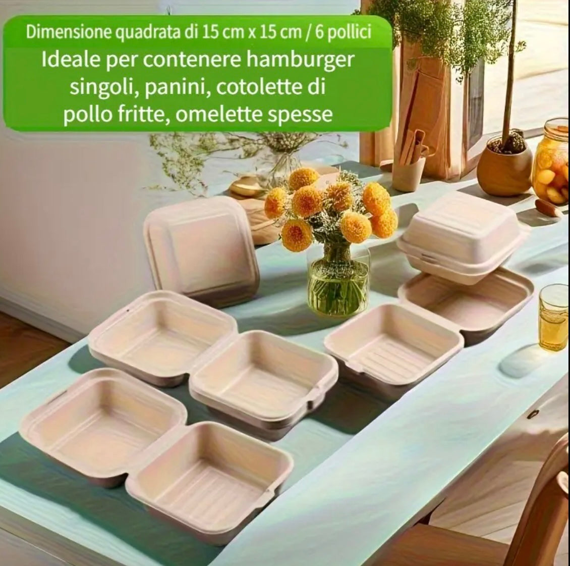 Set da 50/100 Contenitori Usa e Getta per Hamburger e Cibo da Asporto – Design a Scomparsa in Paglia di Grano