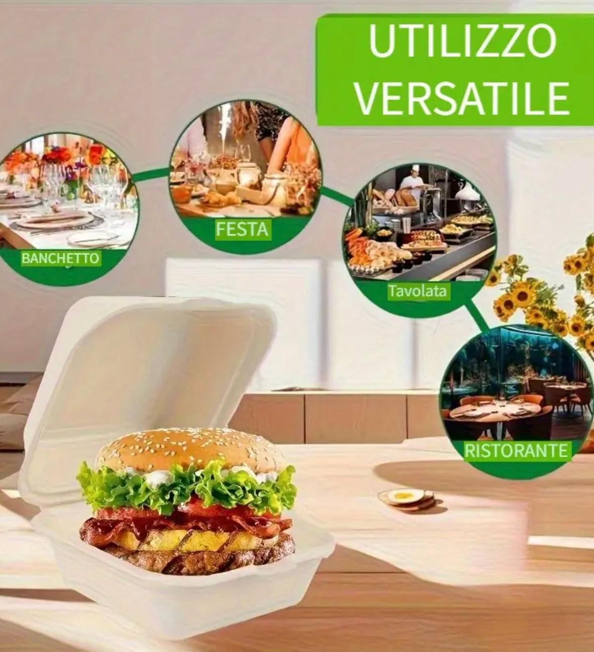 Set da 50/100 Contenitori Usa e Getta per Hamburger e Cibo da Asporto – Design a Scomparsa in Paglia di Grano