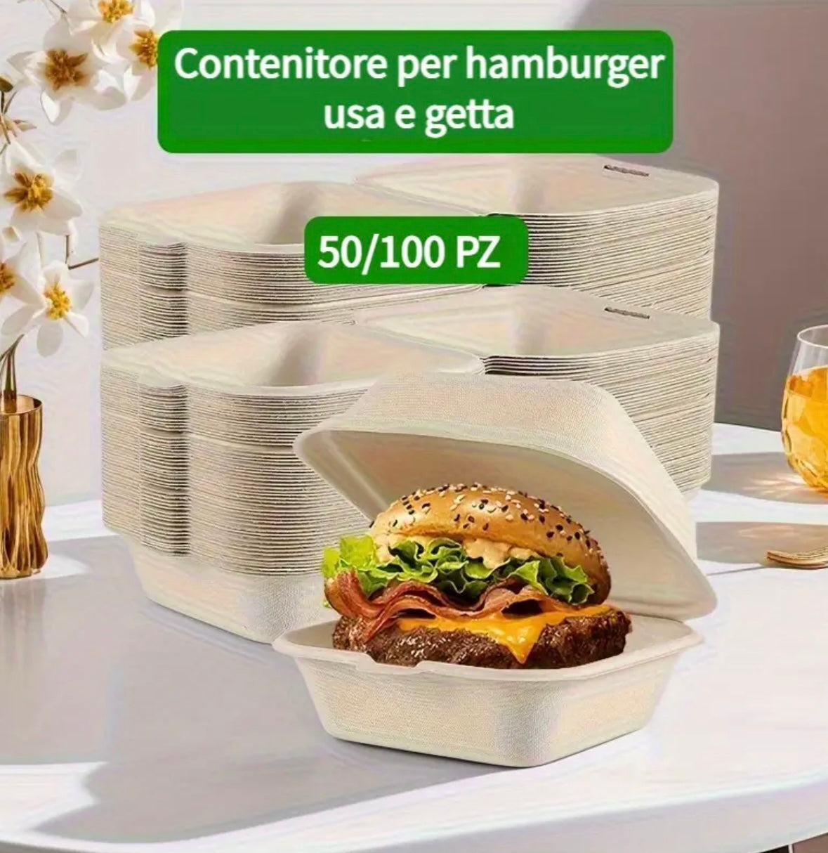 Set da 50/100 Contenitori Usa e Getta per Hamburger e Cibo da Asporto – Design a Scomparsa in Paglia di Grano