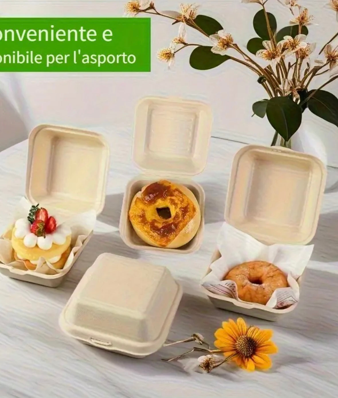 Set da 50/100 Contenitori Usa e Getta per Hamburger e Cibo da Asporto – Design a Scomparsa in Paglia di Grano