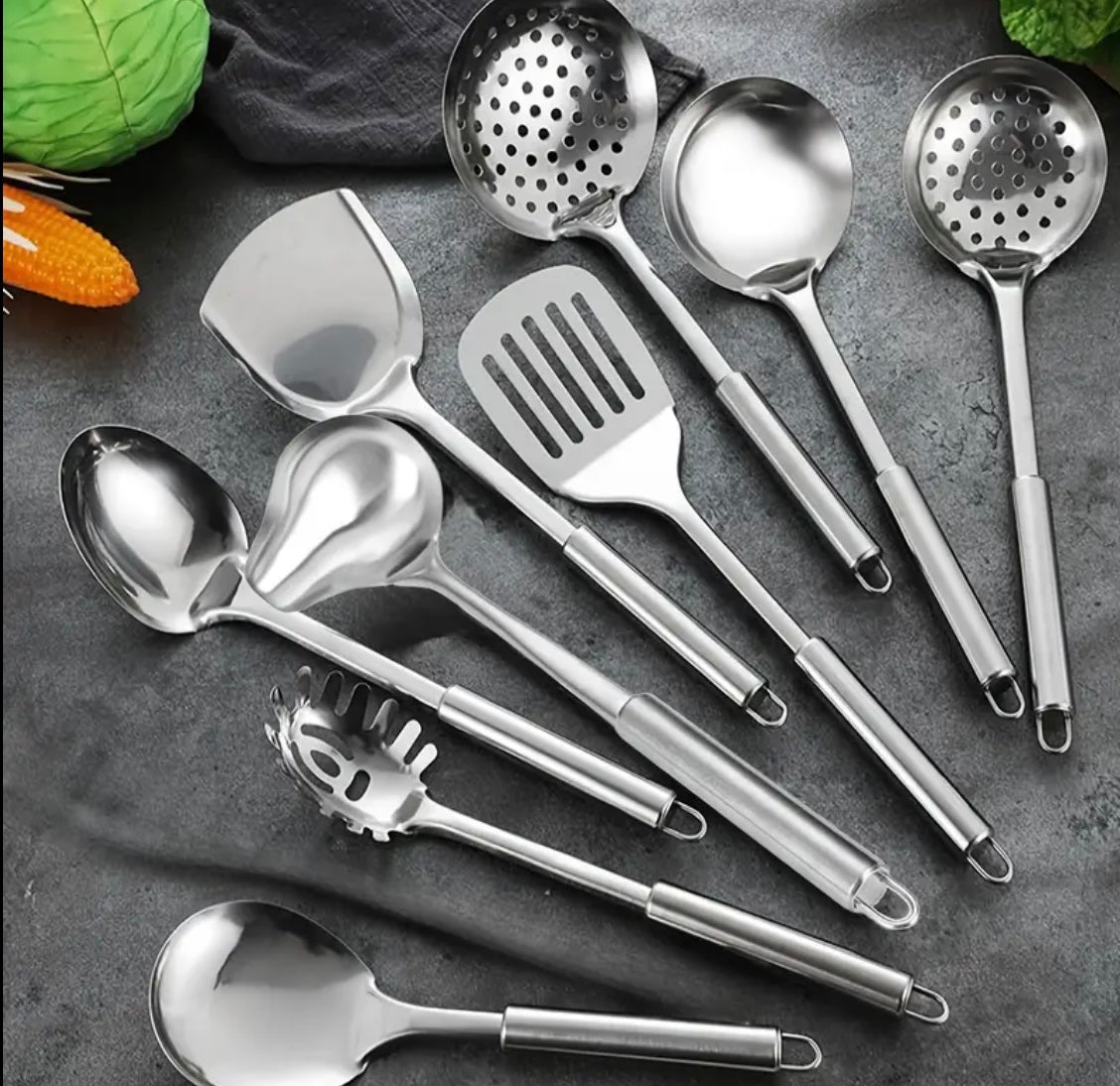 Set di 9 Utensili da Cucina in Acciaio Inossidabile