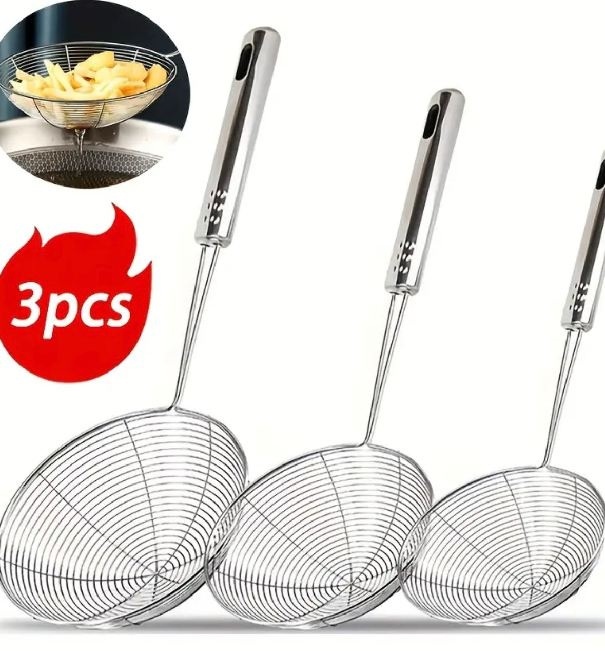 3 strainers in acciaio inossidabile con manico lungo