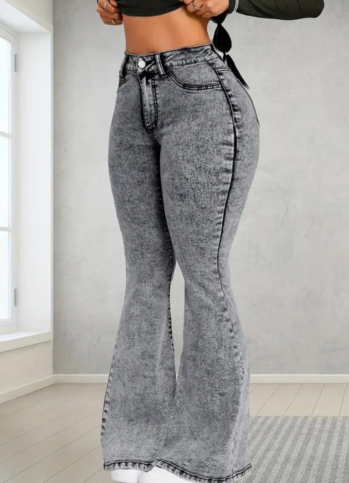 Jeans Flare in Denim Grigio con Fiocchi di Neve