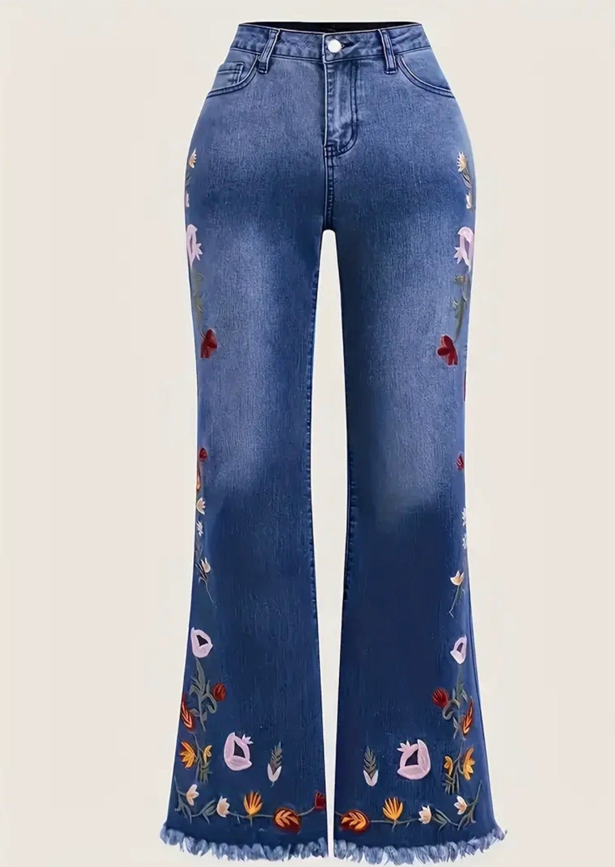 Jeans a Zampa con Vita Alta e Ricamo Floreale Sbiadito