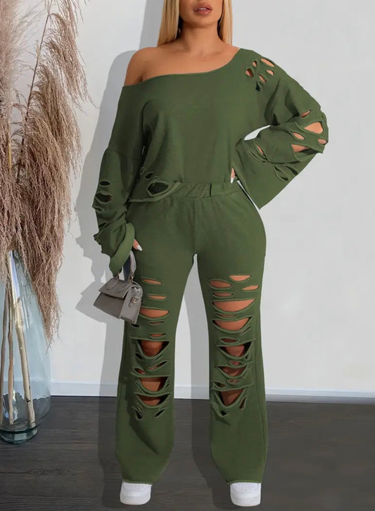 Completo 2 pezzi top e pantaloni strappati a tinta unita