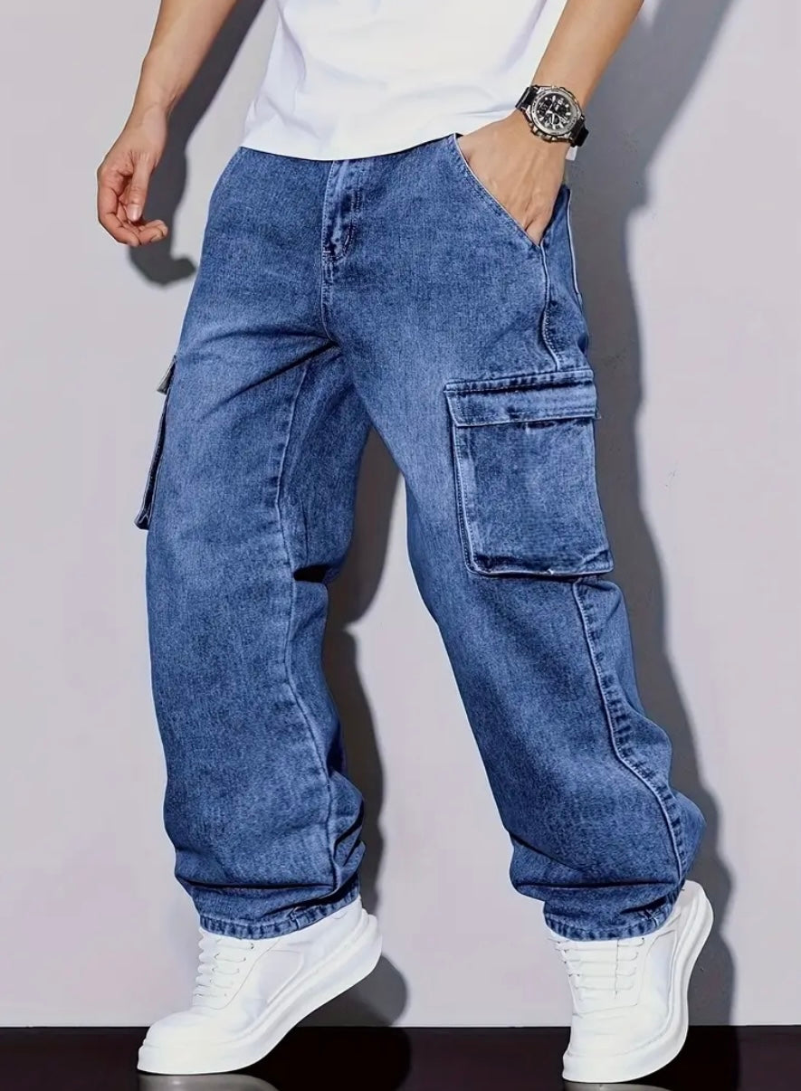 Cargo Jeans da Uomo in Denim Lavato Blu