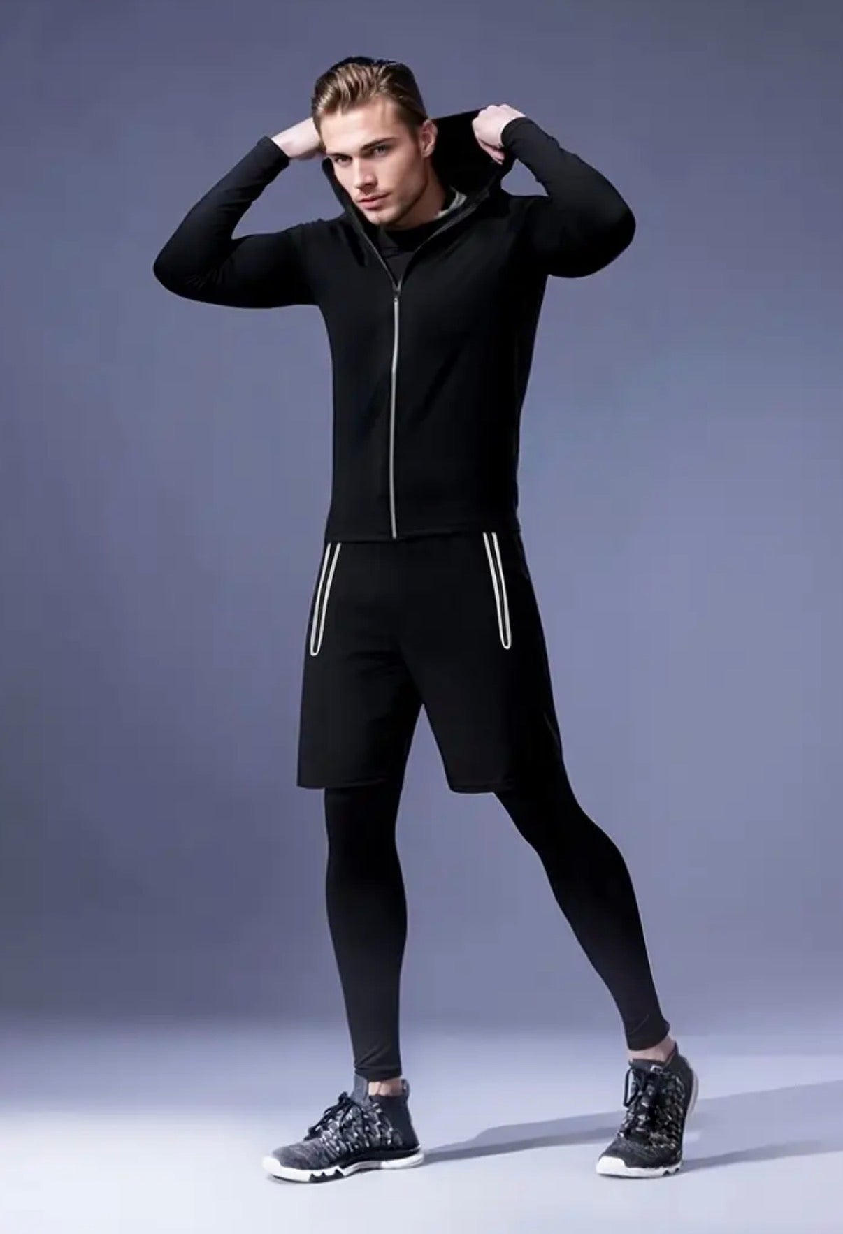 Set Atletico da Uomo 4 Pezzi - Miscela di Poliestere e Spandex, Giacca con Cappuccio e Tasche, Camicia a Maniche Lunghe