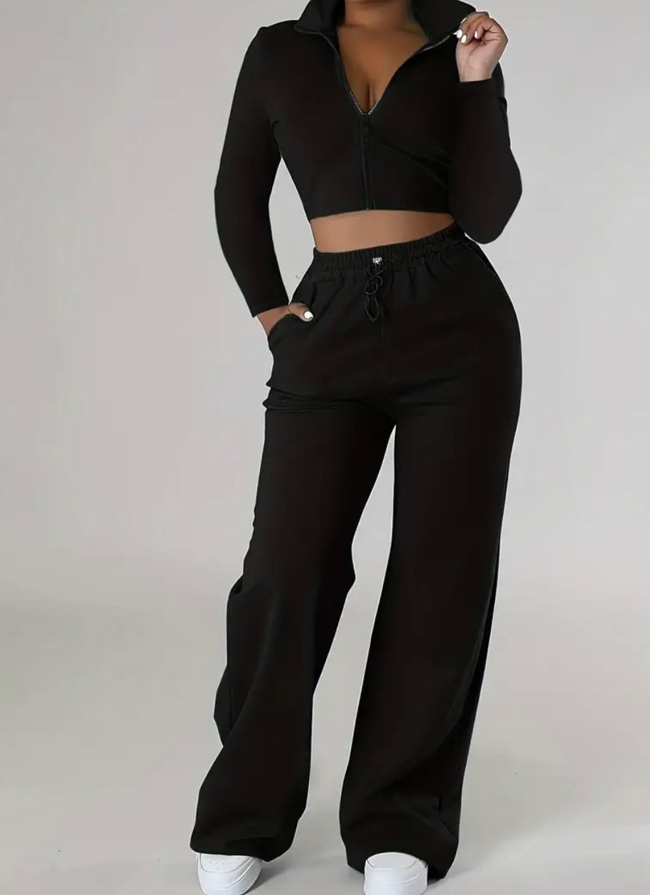 Completo Casual Donna a Due Pezzi – Top Corto con Zip e Pantaloni con Coulisse