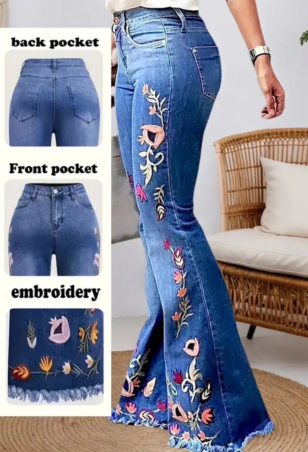 Jeans a Zampa con Vita Alta e Ricamo Floreale Sbiadito