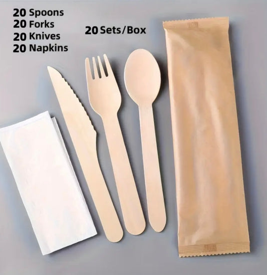 Set di Posate Monouso in Legno – 20/30 Pezzi da Viaggio con Tovaglioli