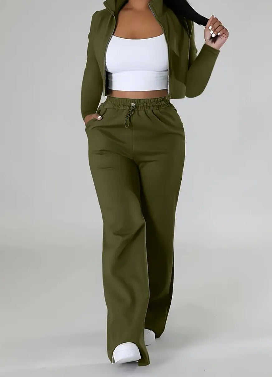 Completo Casual Donna a Due Pezzi – Top Corto con Zip e Pantaloni con Coulisse