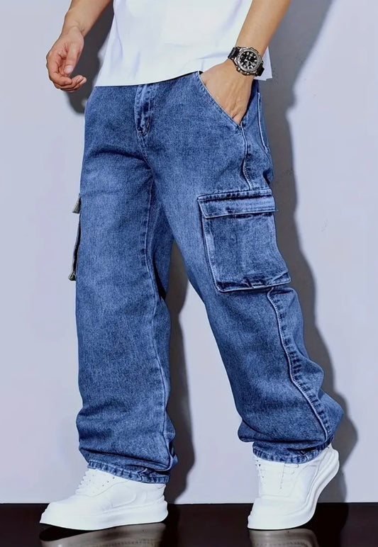 Cargo Jeans da Uomo in Denim Lavato Blu