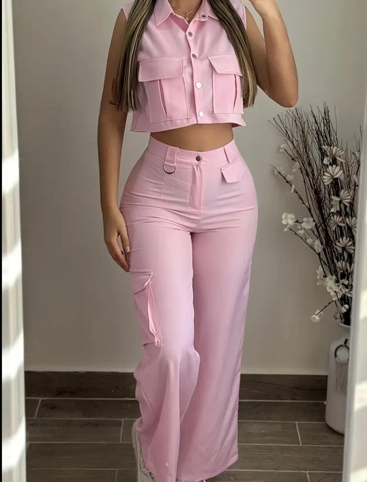 Pantaloni Cargo Donna a Vita Alta con Tasche a Patta
