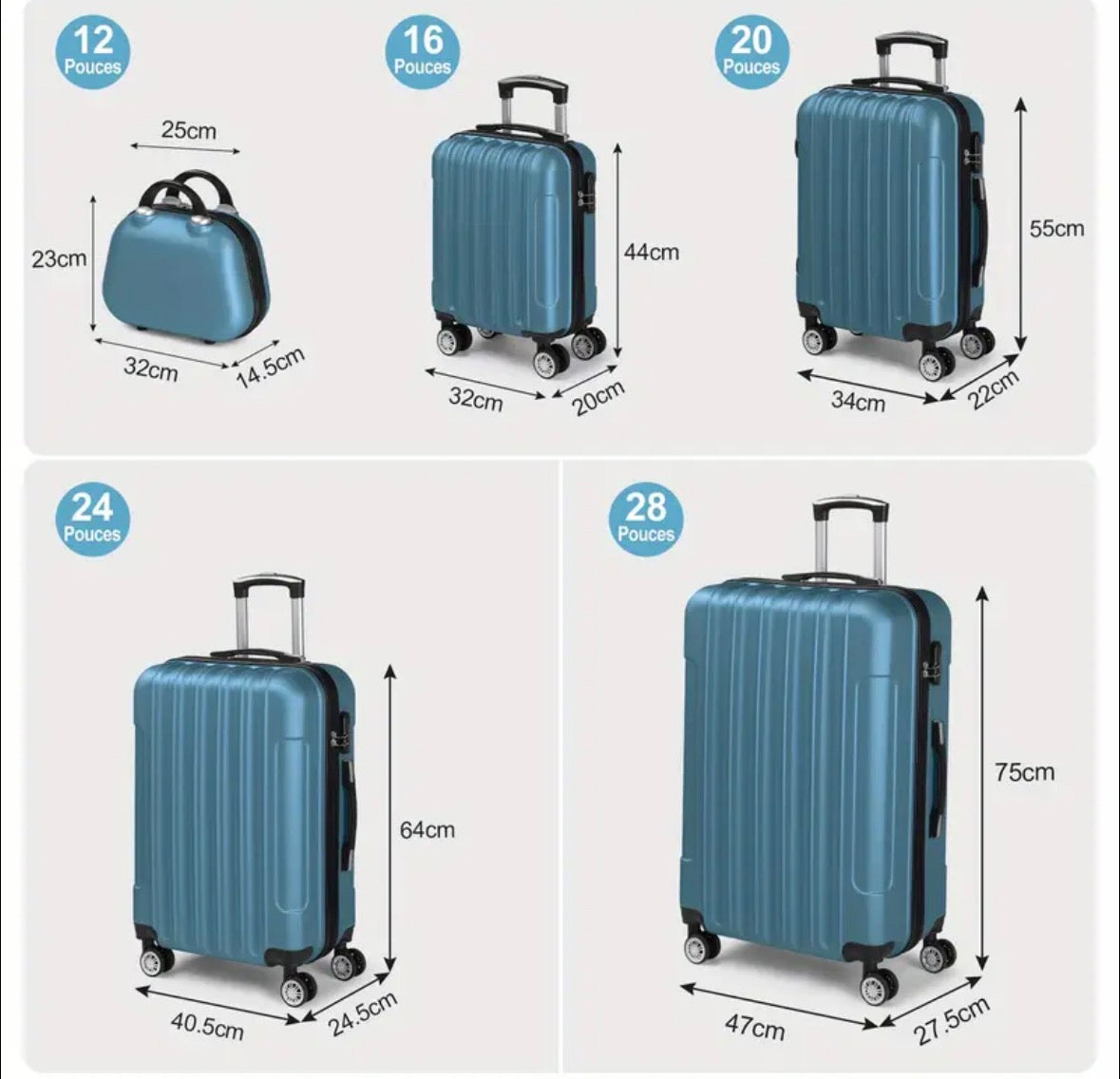 5 pezzi Set di bagagli leggeri con ruote a gomiti, valigia da viaggio in ABS (12/16/20/24/28 pollici) - Viaggi e lavoro