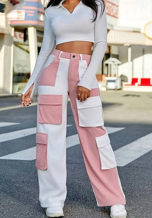 Pantaloni Cargo da Donna con Contrasto di Colori