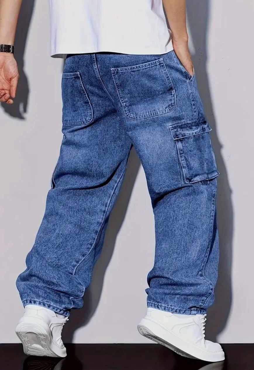 Cargo Jeans da Uomo in Denim Lavato Blu