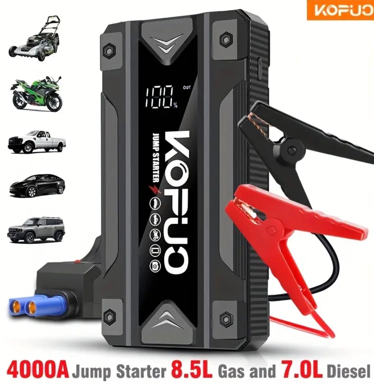 KOPUO 4000A Batteria di ricarica per auto - Portatile 12V con USB/Banca di ricarica, doppio output, luce LED