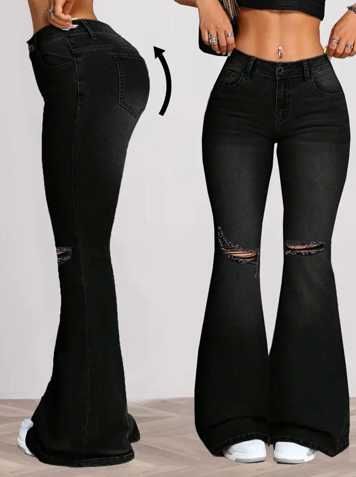 Jeans a zampa in denim stretch nero da donna