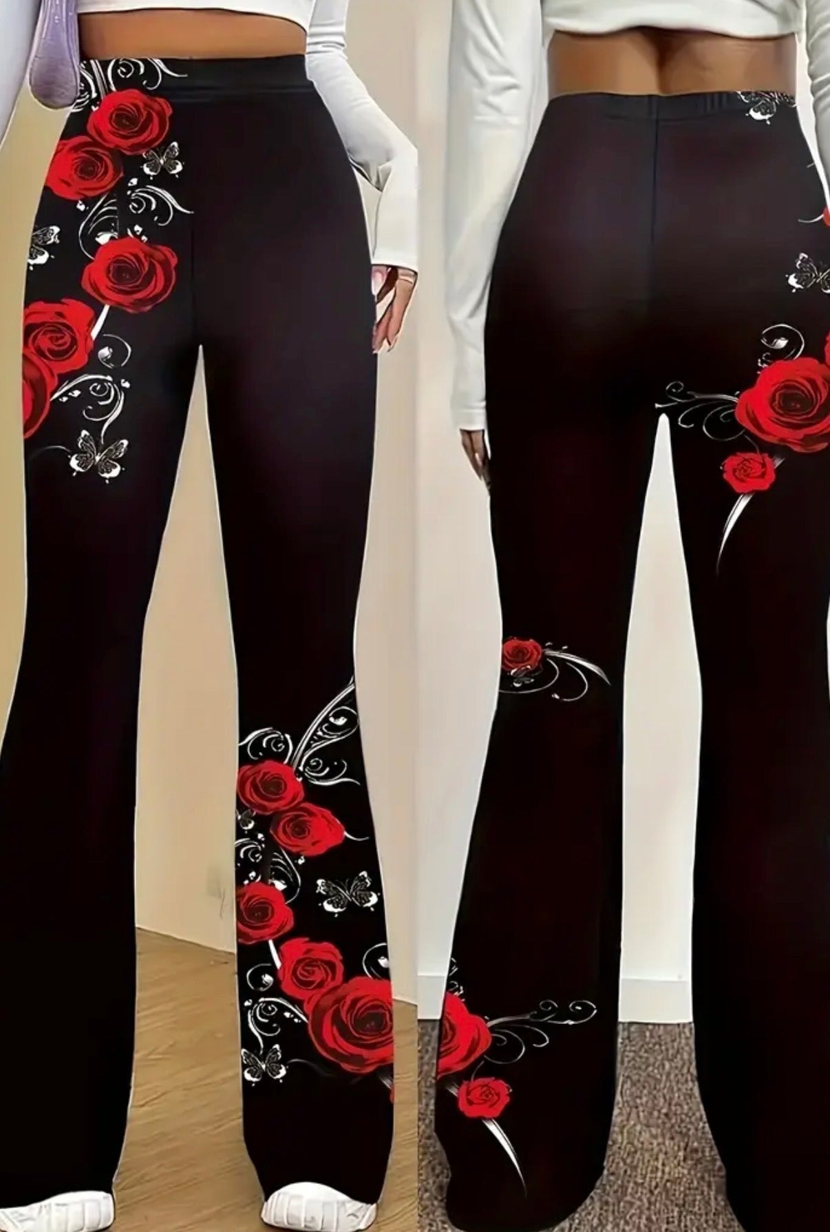 Leggings Eleganti da Donna con Stampa di Rose Rosse