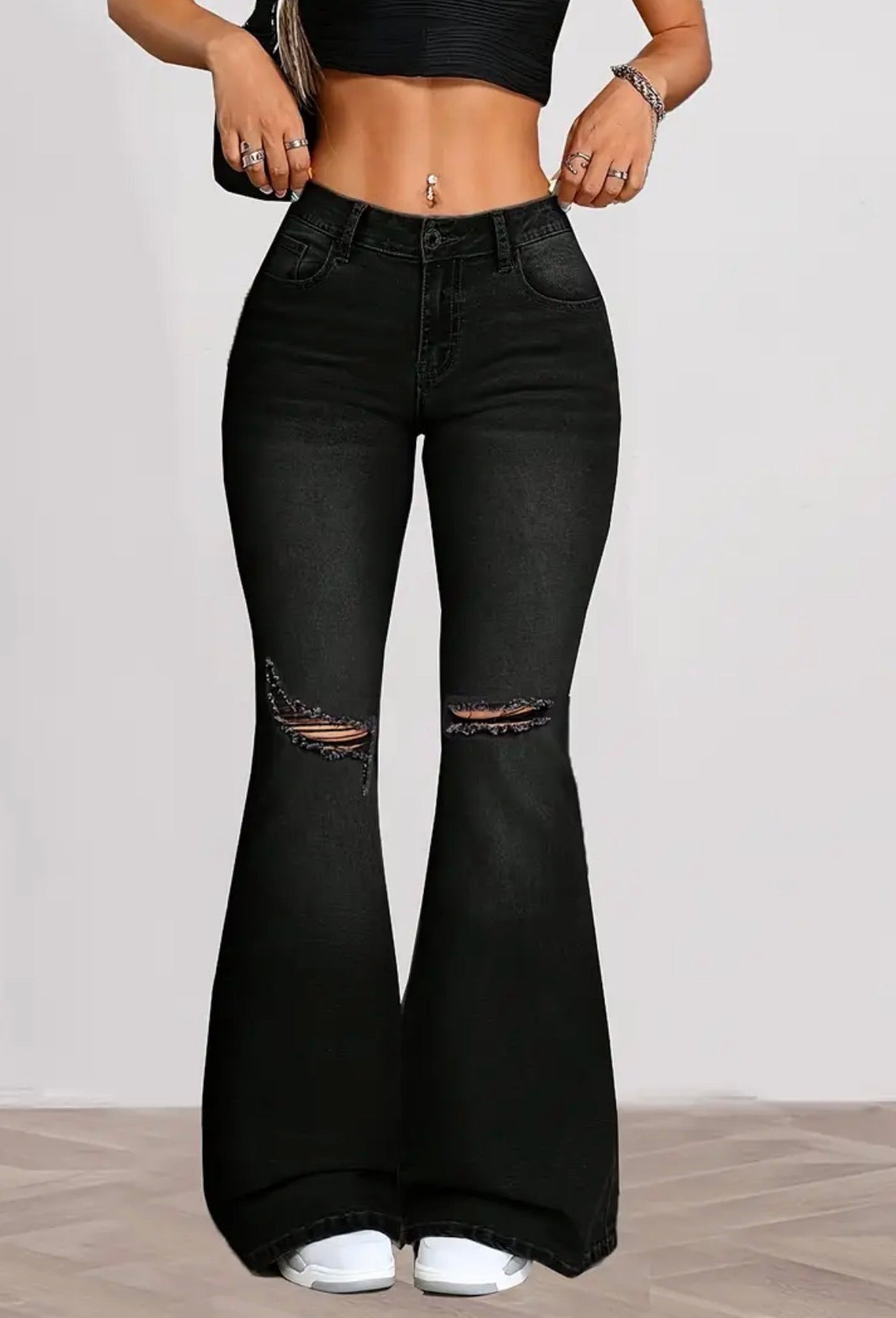 Jeans a zampa in denim stretch nero da donna
