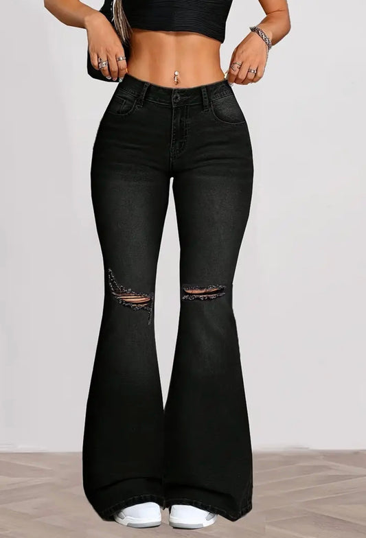 Jeans a zampa in denim stretch nero da donna