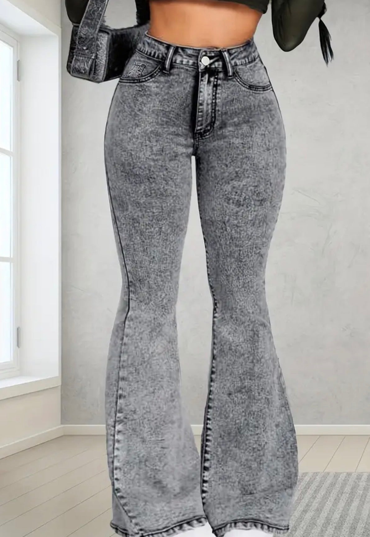 Jeans Flare in Denim Grigio con Fiocchi di Neve