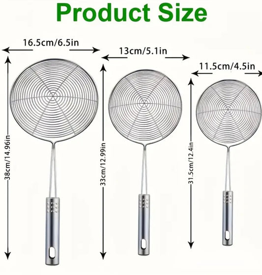 3 strainers in acciaio inossidabile con manico lungo