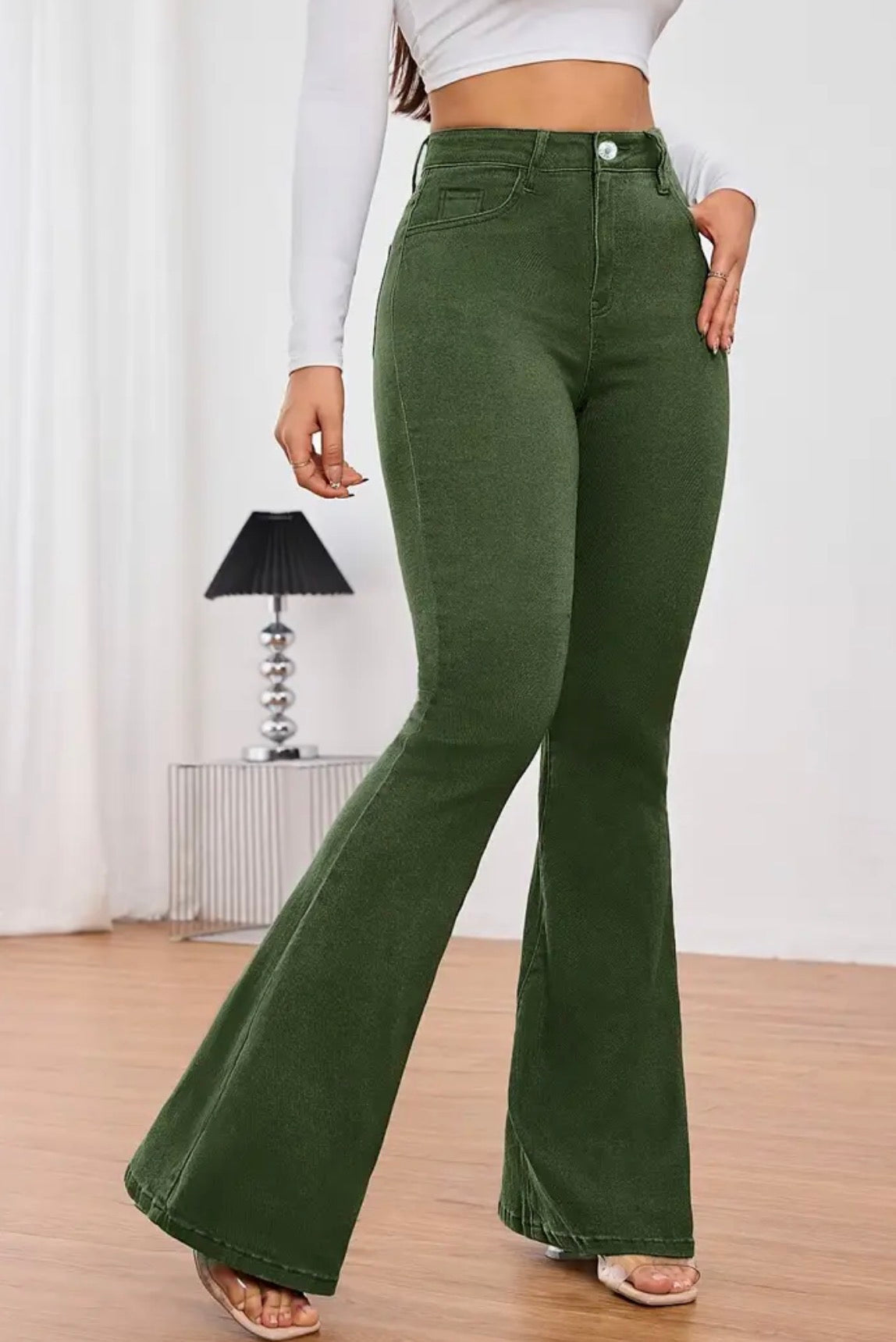 Jeans a Zampa d'Elefante Verdi a Vita Alta