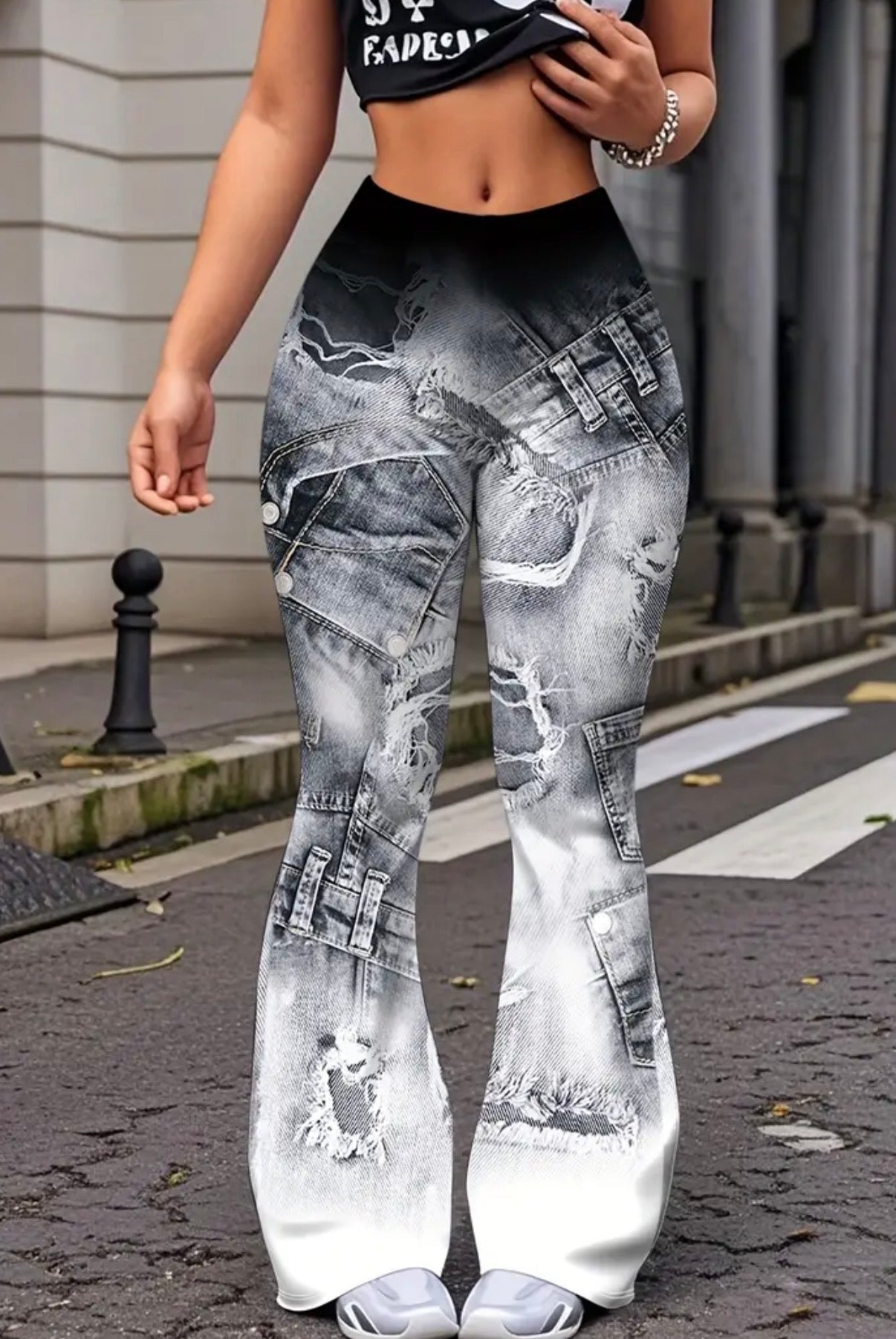 Pantaloni a zampa elasticizzati a vita alta alla