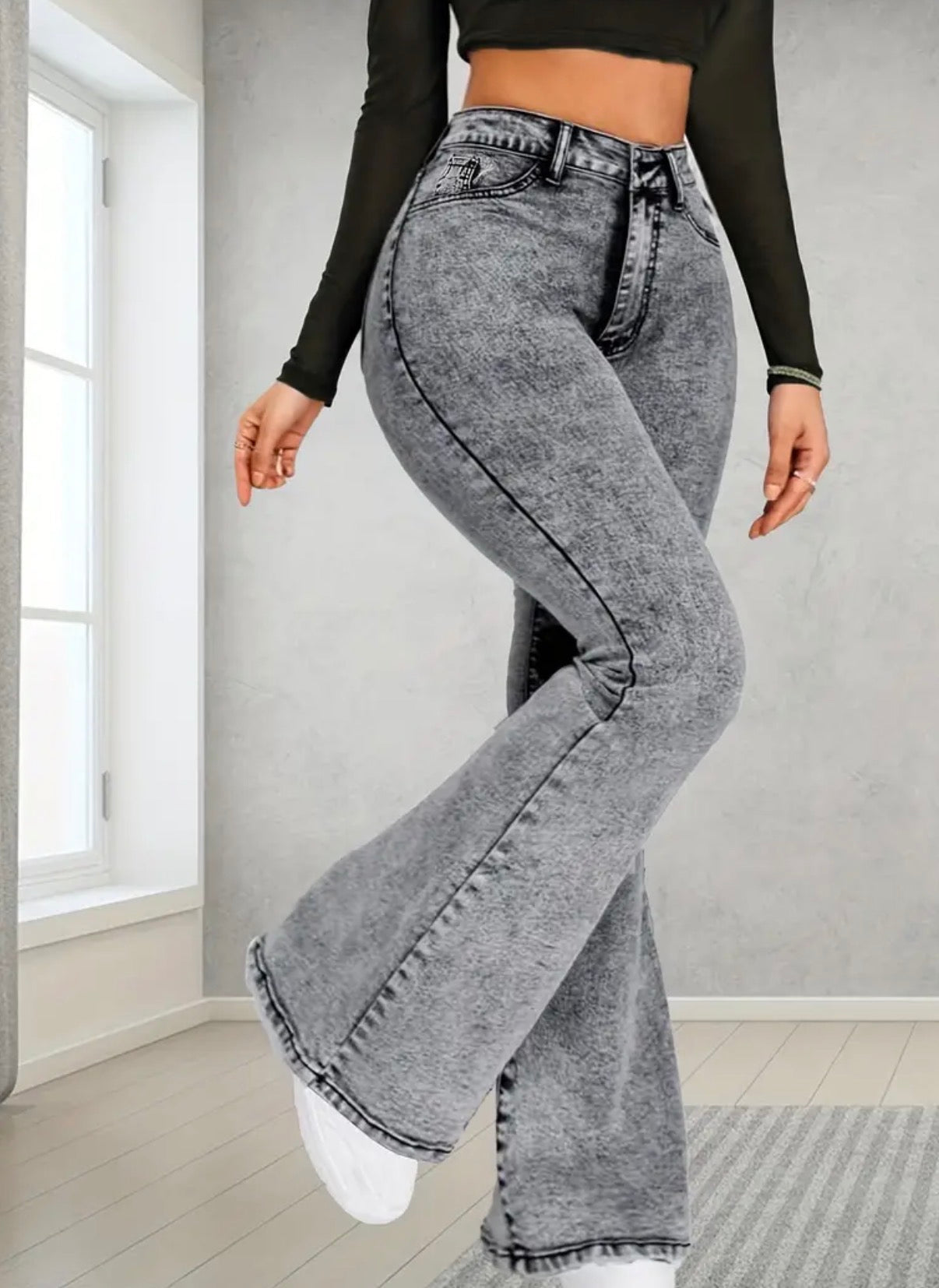 Jeans Flare in Denim Grigio con Fiocchi di Neve