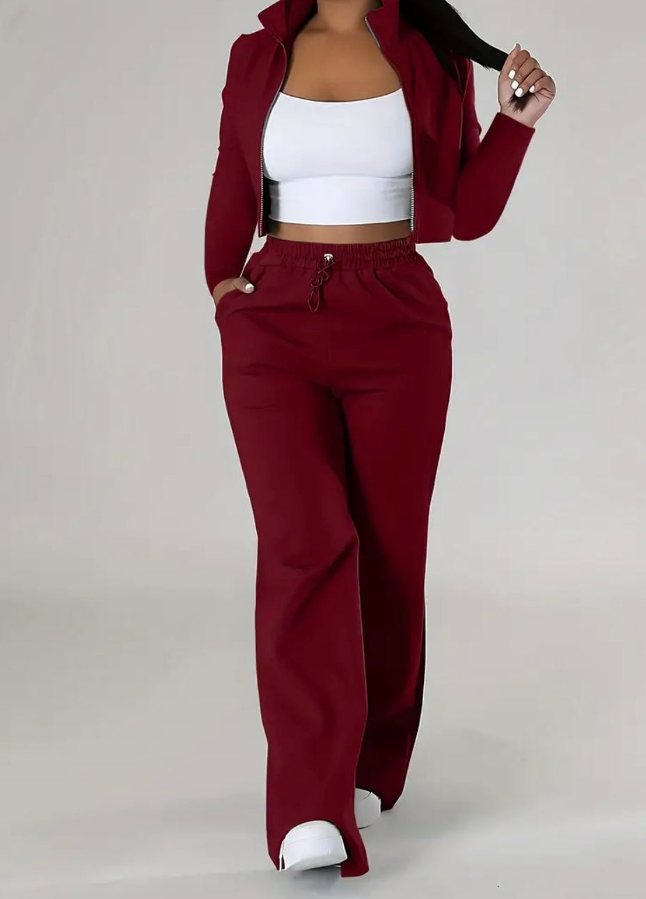 Completo Casual Donna a Due Pezzi – Top Corto con Zip e Pantaloni con Coulisse