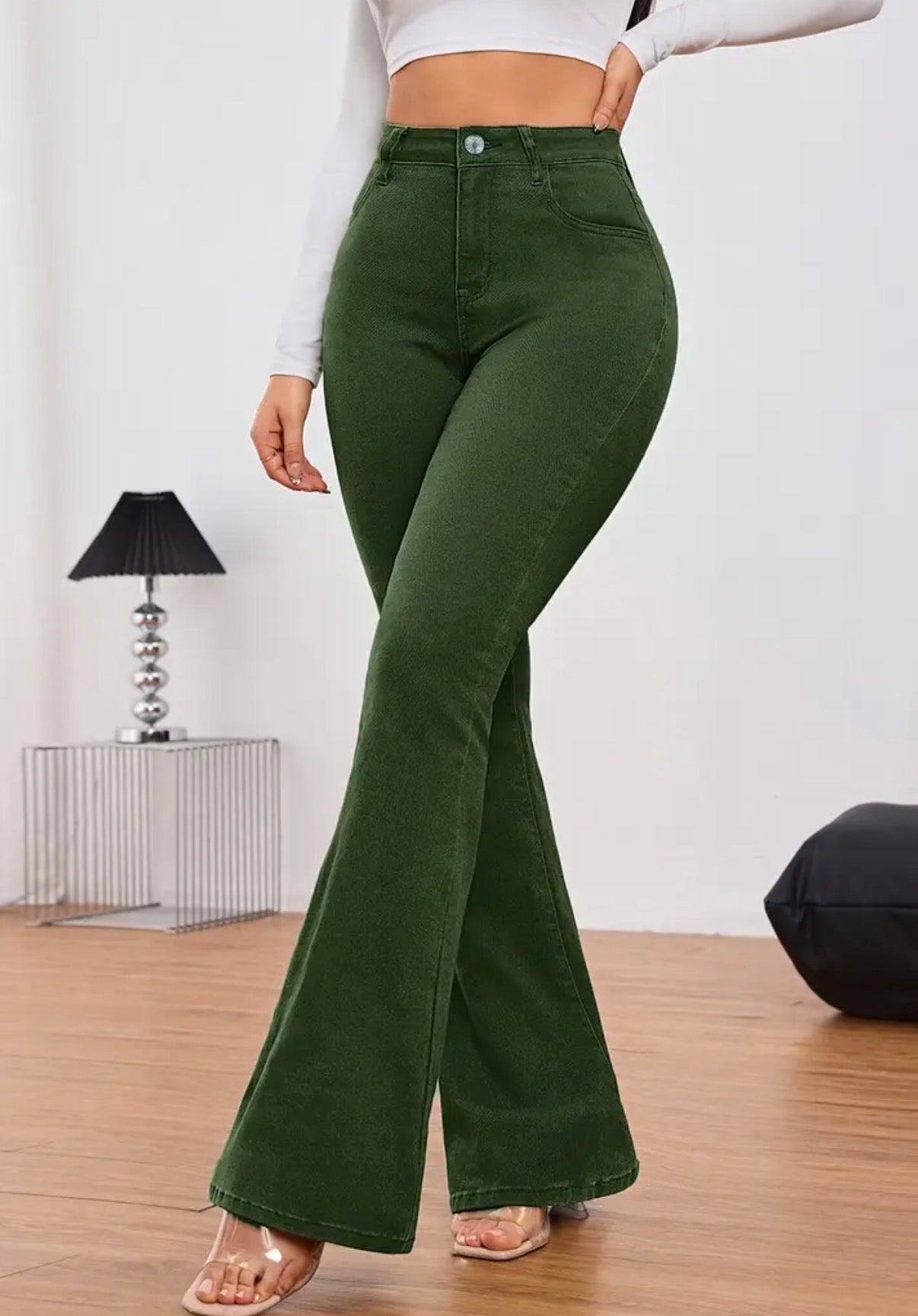 Jeans a Zampa d'Elefante Verdi a Vita Alta