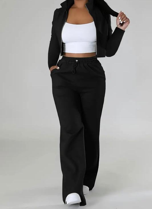 Completo Casual Donna a Due Pezzi – Top Corto con Zip e Pantaloni con Coulisse