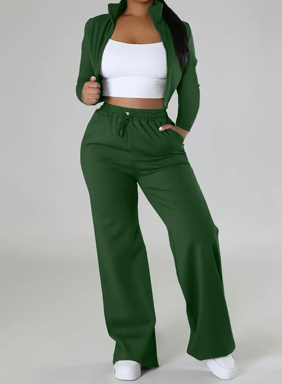 Completo Casual Donna a Due Pezzi – Top Corto con Zip e Pantaloni con Coulisse