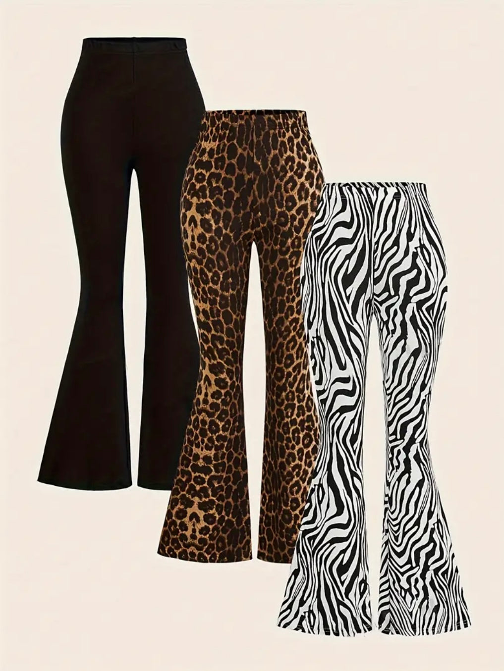 Set da 3 Pantaloni da Donna a Gamba Svasata – Vita Alta, Fantasie Animalier e Tinta Unita
