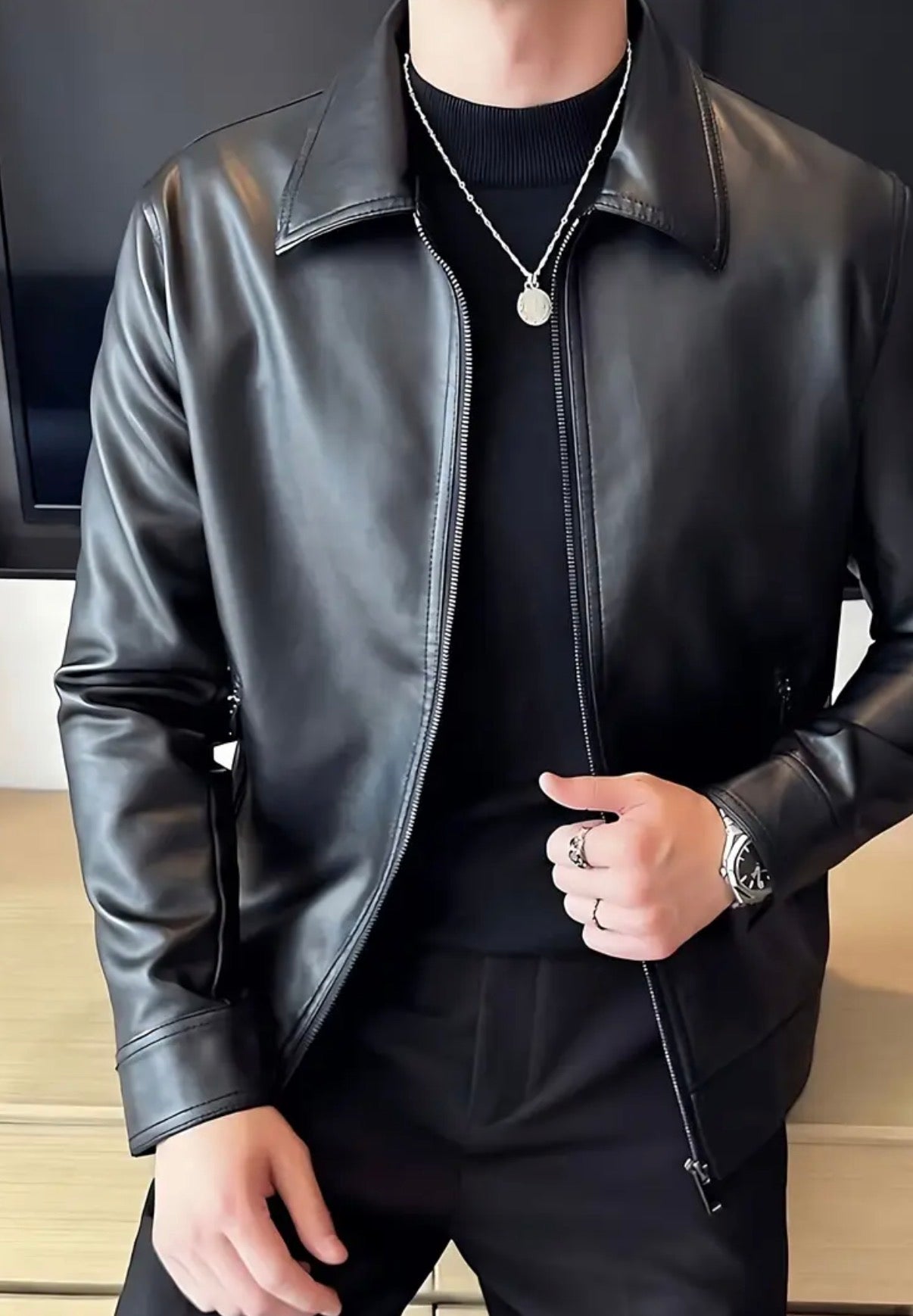 Giacca  casual da uomo slim-fit - Chiusura con cerniera morbida, poliestere di alta qualità, nera