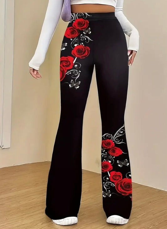 Leggings Eleganti da Donna con Stampa di Rose Rosse
