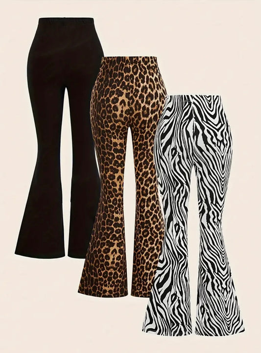 Set da 3 Pantaloni da Donna a Gamba Svasata – Vita Alta, Fantasie Animalier e Tinta Unita
