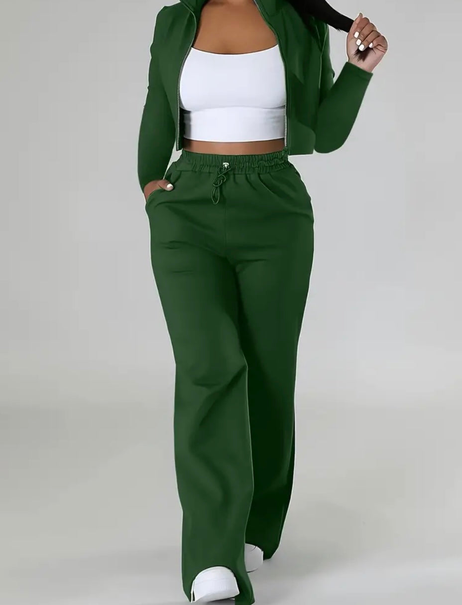 Completo Casual Donna a Due Pezzi – Top Corto con Zip e Pantaloni con Coulisse