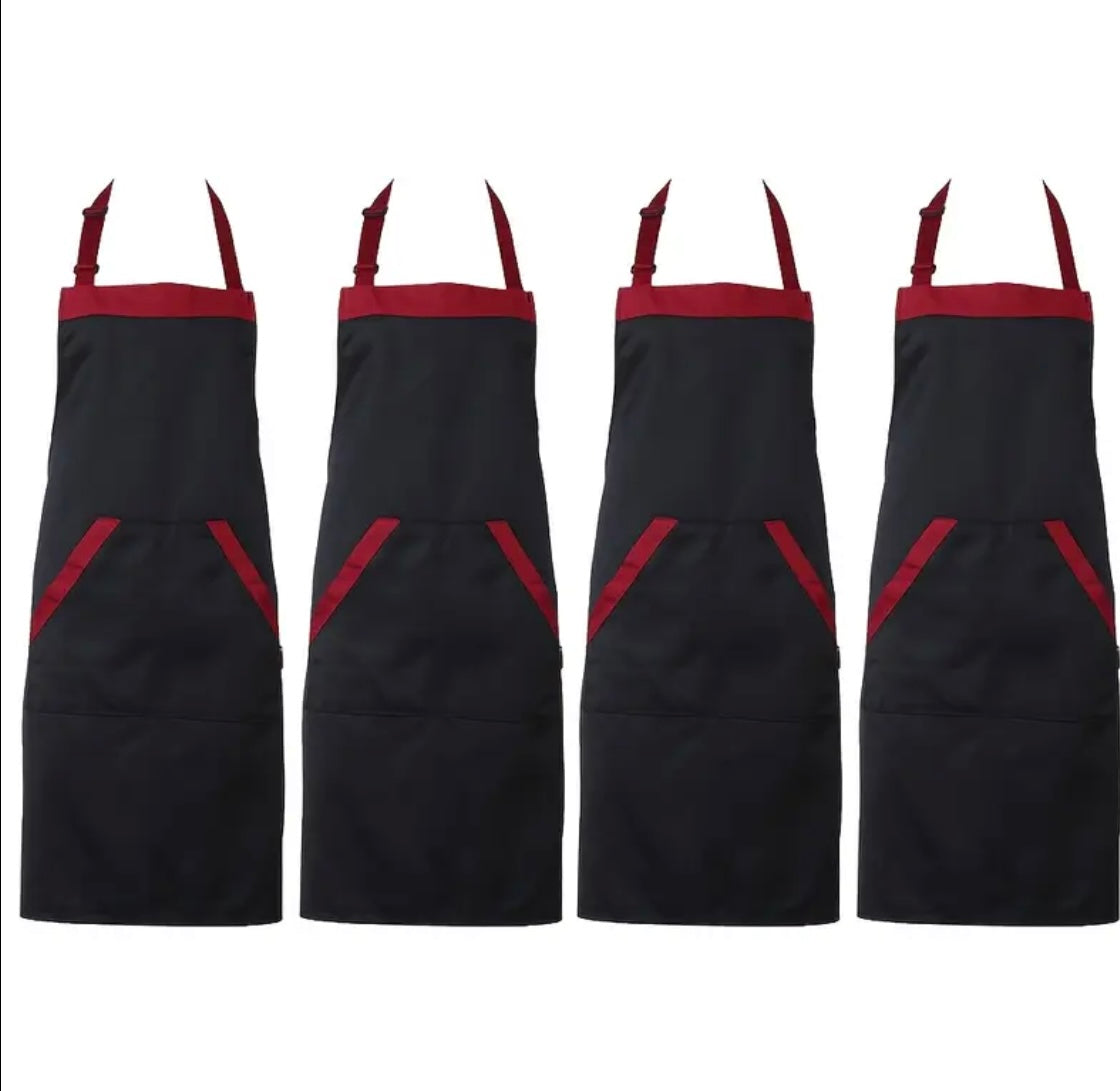 4 Pz Grembiuli da Chef Eleganti Nero & Rosso - Poliestere Resistente