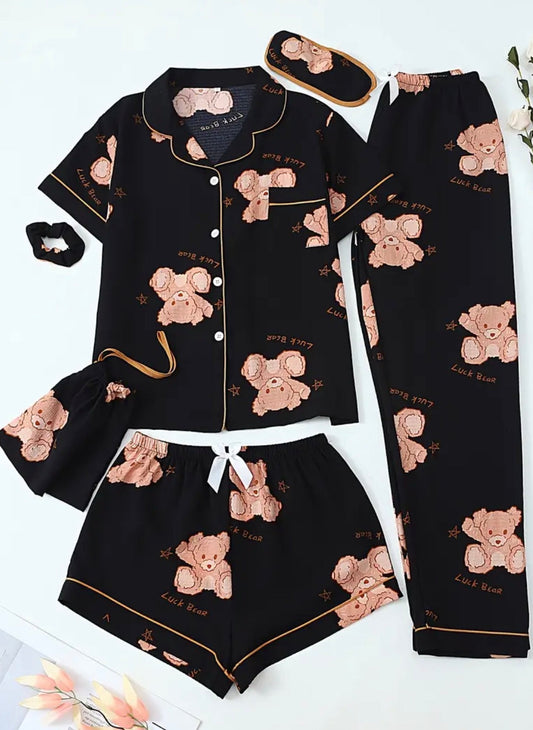 7 pezzi di pigiami da donna con stampa orso e pieghe a bolle