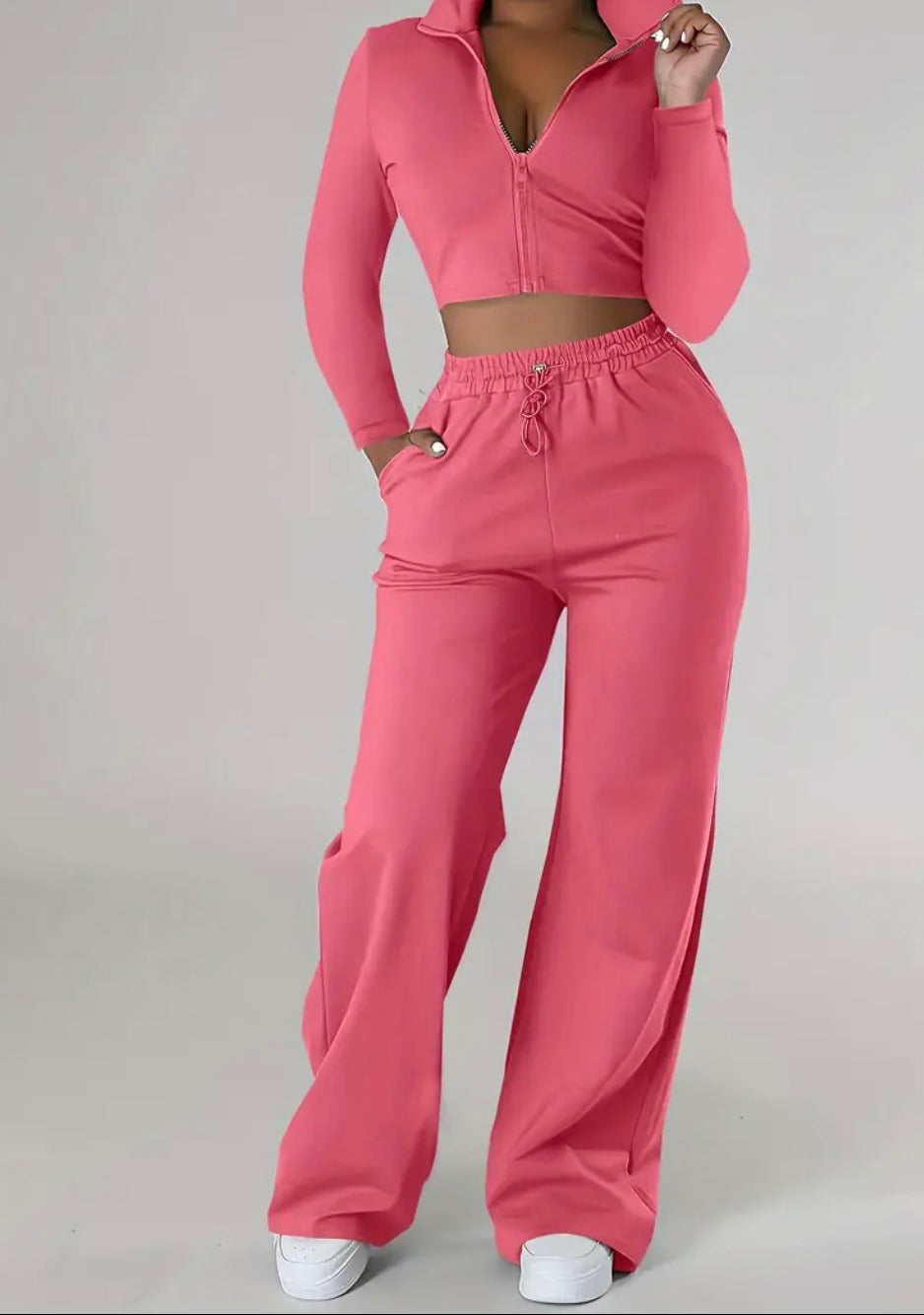 Completo Casual Donna a Due Pezzi – Top Corto con Zip e Pantaloni con Coulisse