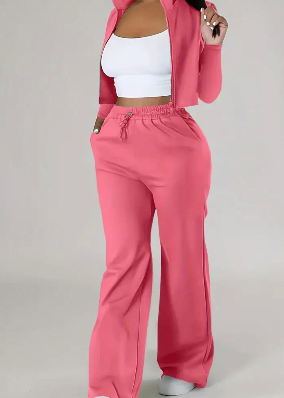 Completo Casual Donna a Due Pezzi – Top Corto con Zip e Pantaloni con Coulisse
